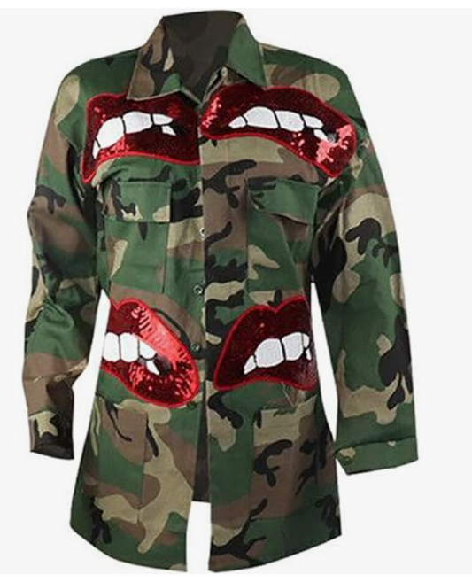 Lip print camo jacket.